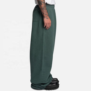 Wide Leg Fleece Pants Green Elastic Waist Loose Fit Casual Autumn Solid Color Right Leg Logo Full Length Knitted - Product Image 3