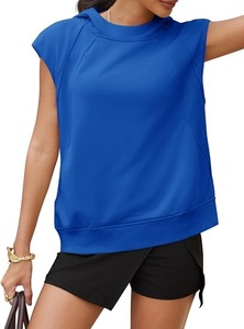 Sudadera con capucha de manga corta para mujer, top informal de punto de algodón de color liso con bolsillos, azul - Product Image 6