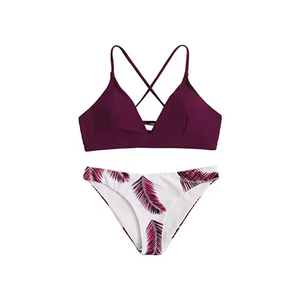 Conjunto de bikini con estampado tropical para mujer, traje de baño de dos piezas, traje de baño para playa, traje de baño para mujer, traje de baño bikini, color burdeos - Product Image 2