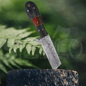 Cuchillo de caza y camping de hoja fija de acero de Damasco hecho a mano, estilo vaquero personalizado, con funda de cuero. - Product Image 6