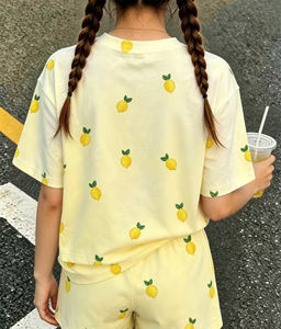 Girls 2-Piece Lemon Print Set Short Sleeve Top with Shorts Summer Outfit Comfortable Breathable Cotton Casual Wear Customizable - Product Image 2