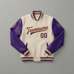 Custom Varsity <b>Jacket</b> <b>Men's</b> Purple <b>Cream</b> Letterman Baseball <b>Jacket</b> with Name Number Embroidered Preppy Style Autumn Wear - Product Image 4