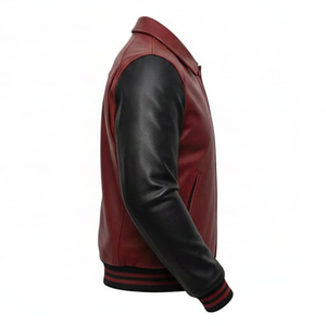 Blouson universitaire noir personnalisé en cuir pleine fleur, respirant, coupe-vent, avec doublure en toile écologique, style streetwear, vente en gros - Product Image 4