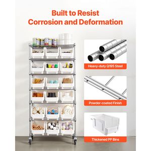 Scaffale Portaoggetti a 7 Ripiani con 18 Contenitori, Sistema di Scaffalature in Filo d'Acciaio con Ruote Mobili per Organizzazione Attrezzi - Product Image 6