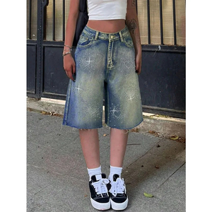 Women 100% Cotton Jeans Denim <b>Shorts</b> Y2K Retro Slant Pocket Casual Wide Leg <b>Summer</b> Korean Jorts High-end Versatile Customizable - Product Image 1