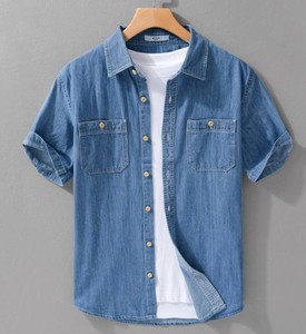 <b>Men's</b> Denim Short Sleeve Shirt Solid Color Button Down Casual Summer Cotton Regular Fit Turn-down Collar Medium Wash - Product Image 5