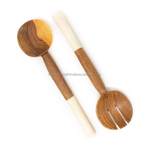 Serveurs à salade en bois avec émaillage Ensemble de bois fait à la main avec impression en émail Serveur à salade Cuillères Fourchettes Ustensiles de cuisine - Product Image 2