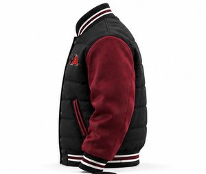 Men's <b>Quilted</b> Varsity Jacket Black Padded Body Burgundy <b>Wool</b> Sleeves Premium Puffer Letterman Jacket Outerwear OEM - Product Image 4