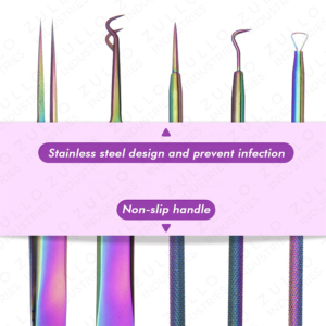 Kit de 5 outils en acier inoxydable pour l'élimination des points noirs et de l'acné, finition arc-en-ciel, avec pinces, aiguilles et extracteurs de comédons - Product Image 2