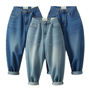 กางเกงยีนส์ผู้หญิงขนาดใหญ่พิเศษเอวสูงปานกลางใส่สบายทรงหลวมยืดซักได้สีพื้น - Product Image 2