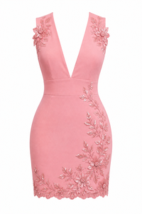 Pink Satin Breathable Empire Waist Floral Embroidered Evening Gown Sleeveless V-Neck Bodycon Mini <b>Cocktail</b> Dress - Product Image 1