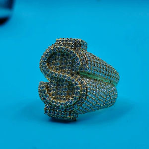 Anillo de Lujo Chapado en Oro de 14k y Plata 925 con Diamantes, Diseño de Símbolo de Dólar, Estilo Hip Hop, Brillante y Moderno para Raperos - Product Image 3