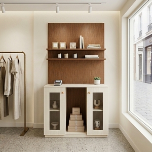 Buffet de cuisine moderne bicolore en bois, blanc cassé, avec étagères ouvertes et portes vitrées, meuble de bar à café, mobilier de salle à manger - Product Image 3