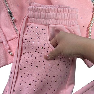 <b>Pink</b> Rhinestone Hooded <b>Tracksuit</b> Set Women Casual Loose Fit Full Sleeve Zipper Two Piece Sweatshirt Pants Spring Outfit - Product Image 6