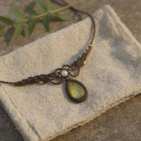 Collier Pendentif Papillon Vintage en Macramé et Chaîne de Bambou, Pierre Turquoise Naturelle Sertie en Lunette, Plaqué Or, Style Bouddhiste Unisexe