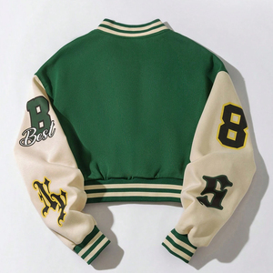 Green Cream Varsity Jacket Women Full Sleeve Letter Print Turn-down Collar Single Breasted Autumn Wear - Product Image 5