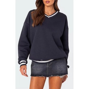 Sweat-shirt oversize pour femme, hiver, uni, écologique, col en V, polaire doux, col contrasté côtelé, pull-over, streetwear, extérieur - Product Image 4