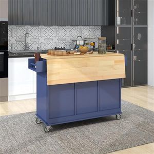 Isola da Cucina Portatile con Piano in Legno Massello e Ruote Bloccabili, Armadietto Contenitore da 52,7 Pollici Blu Scuro con Anta a Ribalta - Product Image 4