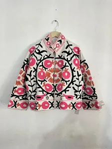Handmade Suzani <b>White</b> Cotton <b>Jacket</b> Pink Floral Embroidered Bohemian Stand Collar Women <b>Short</b> Coat - Product Image 2