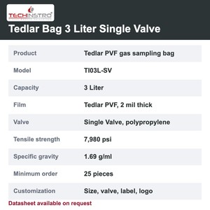 ถุงเก็บตัวอย่างก๊าซ TECHINSTRO Tedlar ขนาด 3 ลิตร ฟิล์ม PVF วาล์วเดี่ยว ป้องกันการรั่วซึม สำหรับการเก็บตัวอย่างก๊าซ VOC ในปล่องปล่อยไอเสีย และการเก็บตัวอย่างก๊าซในดิน - Product Image 6