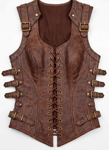 <b>Women</b> Vintage Brown Genuine Leather Corset Vest with Lace-Up Front Adjustable Buckle Straps Steampunk Biker <b>Waistcoat</b> Custom - Product Image 3