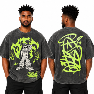 Camiseta Oversize de Hombre Lista para Ganar el Éxito, Estilo Urbano con Estampado de Personajes y Diseño de Graffiti Verde Neón, Manga Corta, Cuello Redondo - Product Image 6