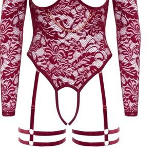Body en dentelle rouge pour femme avec découpes, lingerie sexy transparente à manches longues, col montant et jarretelles - Product Image 3