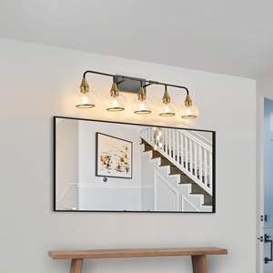 Applique murale de salle de bain moderne à 5 lumières, 40 pouces, style industriel, noir et or, avec abat-jour en verre transparent, lampe murale pour miroir - Product Image 1