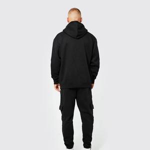 Sweat-shirt à capuche noir pour homme avec bandes latérales blanches, manches longues, style streetwear décontracté, ensemble de survêtement écologique en coton uni pour l'hiver - Product Image 3