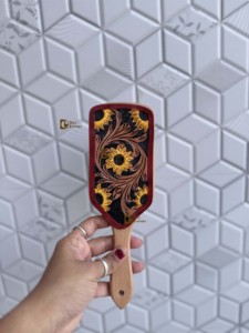 Unique Handmade Hand <b>Tooled</b> <b>Leather</b> Wooden Hair Brush With Sunflower <b>Leather</b> Minimalist Modern Design Daily Use Rectangle Shape - Product Image 1