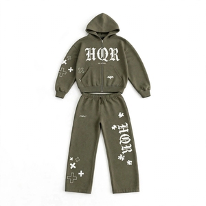 HQR Custom Eco-Friendly Acid Wash Purple 320g Cotton Zip up <b>Hoodie</b> and Jogger Tracksuit Set Letter Print Unisex - Product Image 4