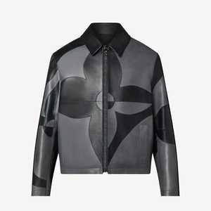 Blouson moto en cuir véritable beige pour homme, col rabattu, fermeture éclair, coupe ajustée, manches classiques, couleur unie, automne - Product Image 5