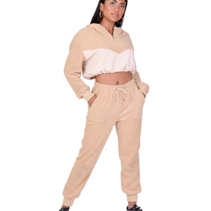 Women's Color Blocked Hooded Crop Top <b>Jogger</b> <b>Set</b> Fleece Casual <b>Plus</b> <b>Size</b> Two Piece Outfit Full Sleeve Regular Fit Winter Zipper - Product Image 6