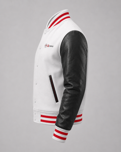 <b>Men</b> <b>White</b> Varsity <b>Jacket</b> With Black PU Leather Sleeves Embroidered Logo Front Button Closure Casual Autumn Wear Varsity <b>jacket</b> - Product Image 5