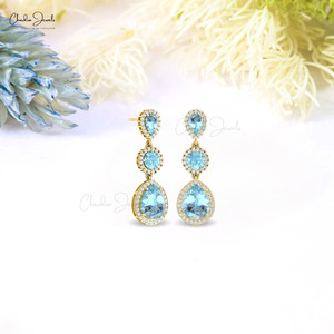 Trending Products 1.10mm Brilliant Cut White Diamond Halo <b>Earrings</b> with Aquamarine Gemstone In 14k Solid Gold Cocktail <b>Earrings</b> - Product Image 4