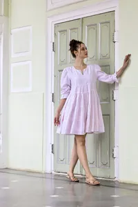 Casual Cotton Linen Mini Dress Round Neck <b>Three</b> Quarter Sleeve Loose Comfortable Summer Dress For Women - Product Image 3