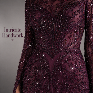 Robe de soirée sirène moderne de luxe en perles bordeaux |   Robe longue à manches courtes, dos nu, ornée, avec traîne |   OEM en gros - Product Image 3