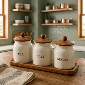 3 Piece Iron Modern Handcrafted Kitchen Canister Set with Bamboo Lids Large Capacity for Tea Salt & <b>Sugar</b> Storage - Product Image 1