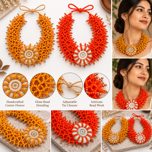Collar de Perlas de Agua Dulce con Cuentas de Tungsteno Hechas a Mano, Adorno Floral Rojo Anaranjado para Joyería de Moda Femenina, Venta al por Mayor en India - Product Image 5