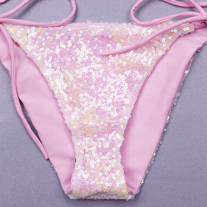 Custom Pink <b>Sequined</b> 2026 <b>Bikini</b> Set Women Crossed Halter Tie Side Bottoms With Rhinestone Decoration Swimwear - Product Image 4