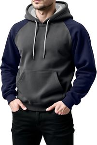Sudadera con Capucha para Hombre, Manga Raglán, Color Sólido, Felpa, Estilo Casual Otoñal, Corte Regular, Tejido de Punto, Mangas Azules y Negras - Product Image 6