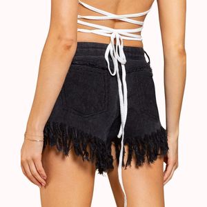 Shorts en jean taille haute pour femme, couleur unie, asymétrique, à sequins, ourlet effiloché, coupe classique, pour l'été - Product Image 4