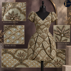 Tissus pour robes à motif de treillis perlé avec motifs floraux métalliques et arches festonnées |   Textiles décoratifs pour robes de mariée et tenues de soirée - Product Image 5