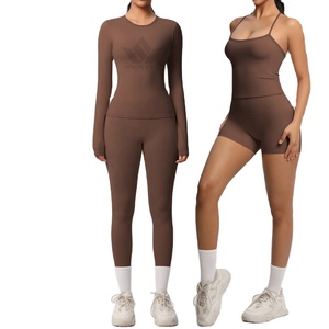 Women's Brown 2 Piece Seamless Yoga Set <b>Long</b> Sleeve Crew Neck Top High Waist Full Length Leggings Stretch Activewear - Product Image 1