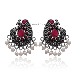 Argent oxydé perle pierre travail paon Design boucles d'oreilles bohème indien à la mode femmes bijoux or laiton matériel - Product Image 2