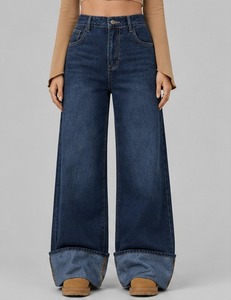 Pantalon en jean pour femme, taille haute, multi-poches, coupe ample, style streetwear décontracté, jambe large - Product Image 1
