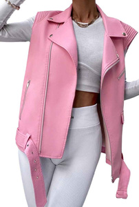 Gilet de motard rose en cuir véritable pour femme, coupe oversize, sans manches, style moto, tricoté, tendance automne, personnalisable - Product Image 2