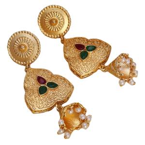 Boucles d'oreilles pendantes Jhumka en argent oxydé plaqué or pour femmes, avec pierres inspirées du Kundan, cadeau pour elle - Product Image 1
