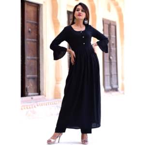 Vestido Casual Étnico Moderno Banarasi con Volantes Negros para Mujer en Otro Material con Características Elásticas y de Protección Solar - Product Image 2