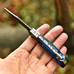 Wholesale Best Quality Damascus Steel Clip Point Pocket Knife EDC Razor Sharp 0.5mm Blade Back <b>Lock</b> Folding Leather Pouch - Product Image 5